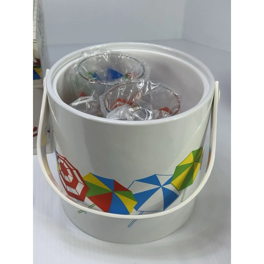 VTG ITEMAKERS 10 Pc Ice Bucket Set‎ 4 Tumblers 4 Coasters Tongs Umbrellas NOS 85